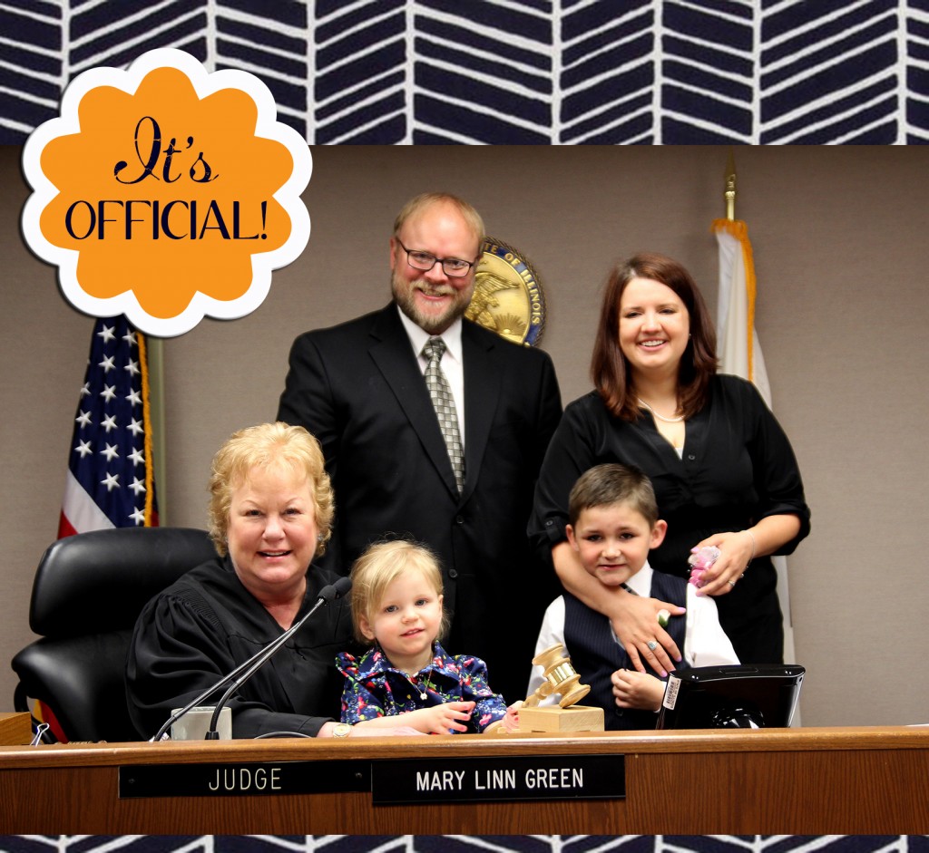 The Korte family poses with the judge following their adoption hearing. 